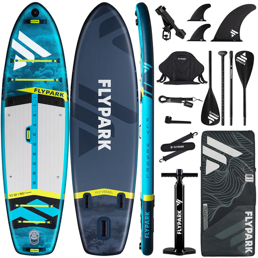 Flypark 10'8''x35'' Fishing Inflatable Paddle Board, Extra Wide SUP Paddleboard Inflatable, Fishing Stand Up Paddle Board, 2 Fish mounts, Rod Hold, Measurement, Kayak seat, Camera Mount Shoulder Strap