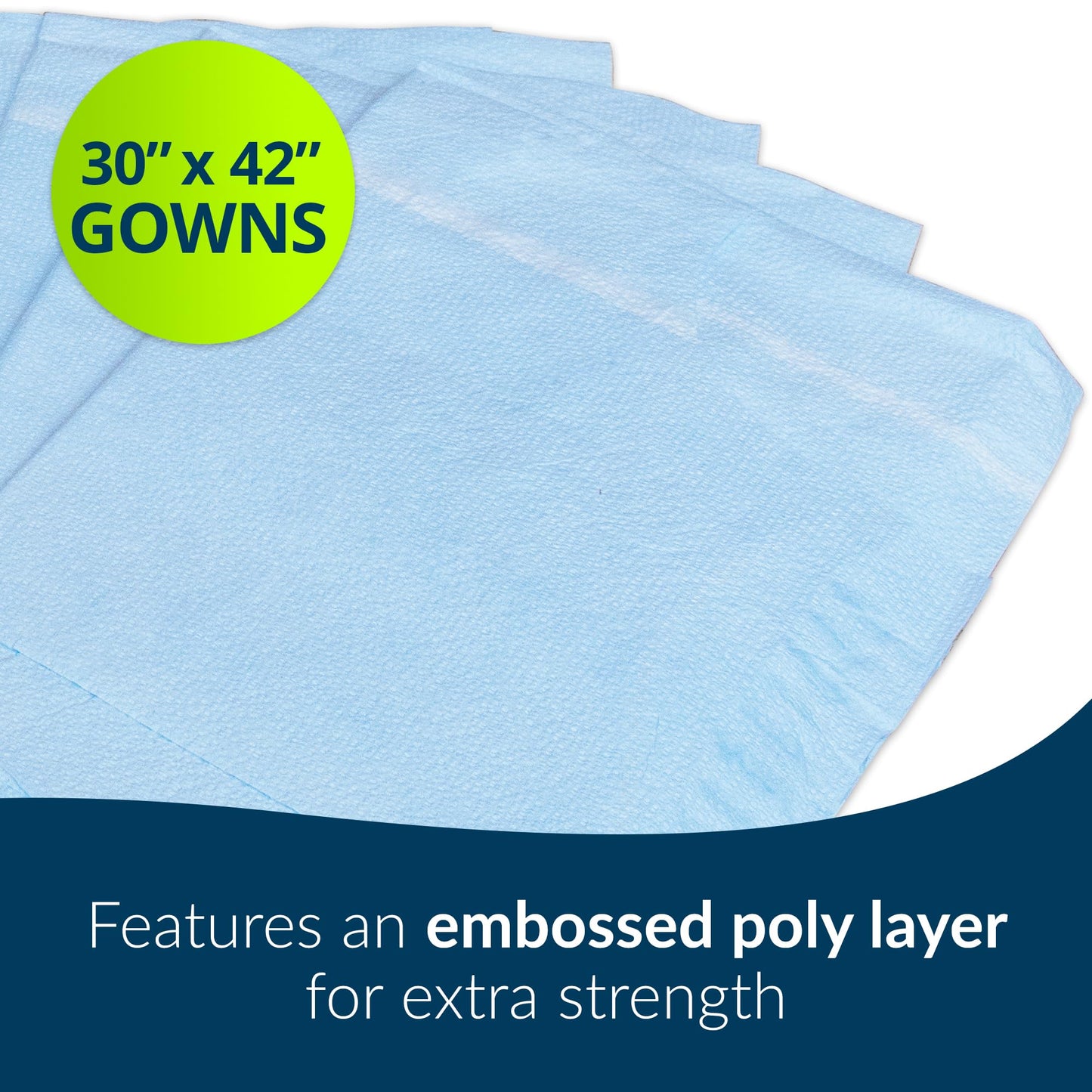 Avalon Standard Gowns, Blue (Pack of 50) ― Tissue/Poly/Tissue ― Open-Back, Waist-Tie, Short-Sleeve Medical Gowns ― Disposable Exam Gowns ― Standard Size 30” x 42” ― Latex-Free Medical Supplies (813)