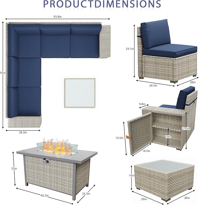 Broivira 7 Piece Patio Furniture Set with 50,000 BTU Rattan Fire Pit Table That Converts to Coffee Table, 9.8" Wide Arm Sectional Sofa with Storage Armrests, Outdoor Rattan Conversation Set, Blue
