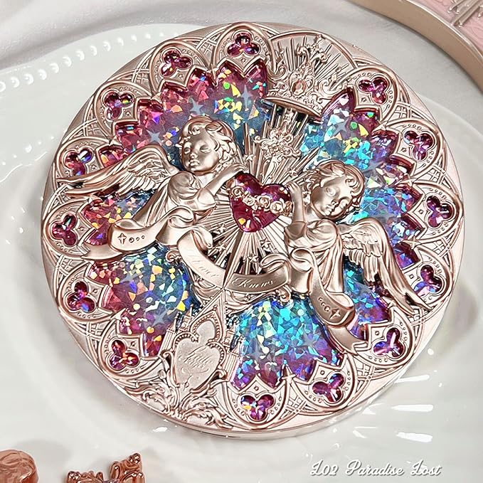 Flower Knows Little Angel Embossed Highlighter- Rose Champagne Highlighter Powder,Warm Rose Gold,Pearly Shimmer,Long-Lasting Radiant Dewy Glow,Feather-Light, Luxurious Velvet Finish(L02 Paradise Lost)