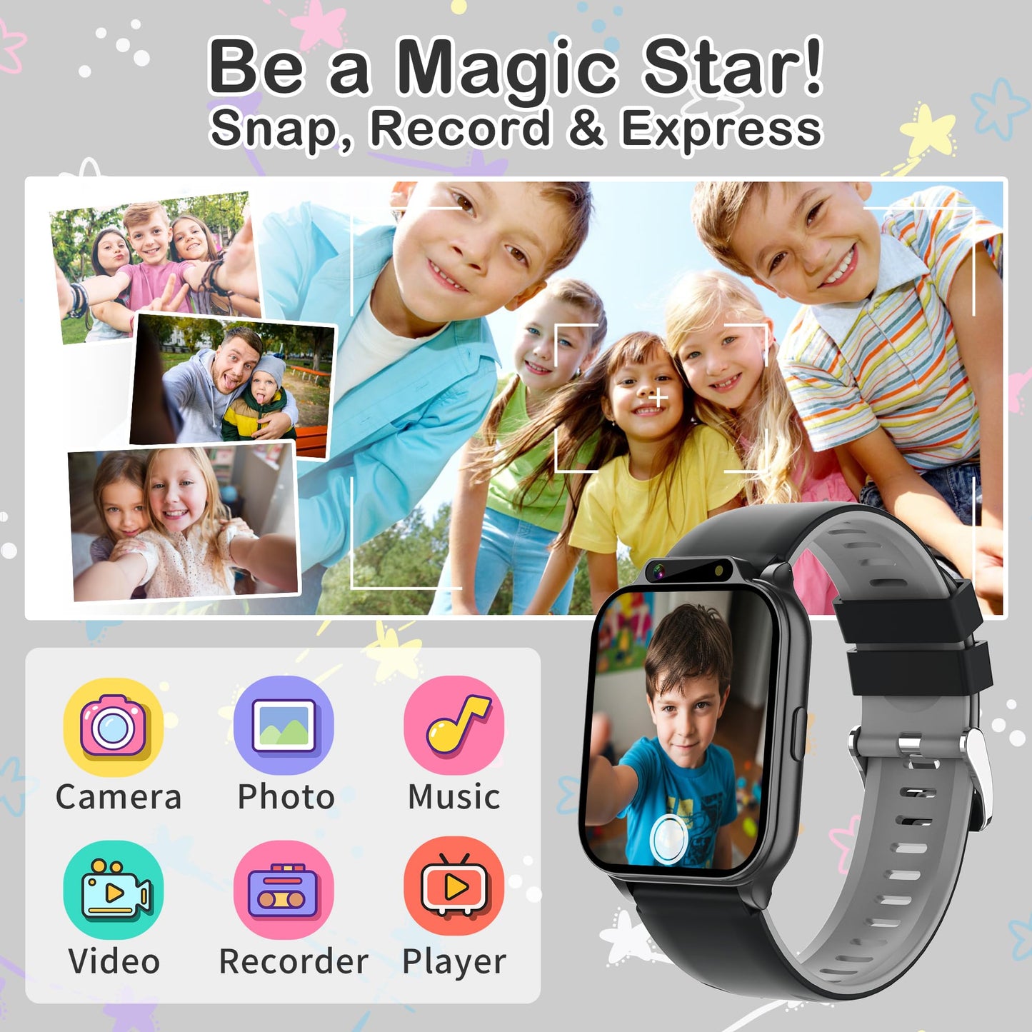 Kids Waterproof Smart Watch with Fitness Tracker Sports Activity Pedometer Heartrate SpO2 Stress Monitor Flashlight APP HD Touch Screen Camera Music for 4-13 Year Old Boys Gifts for Kids