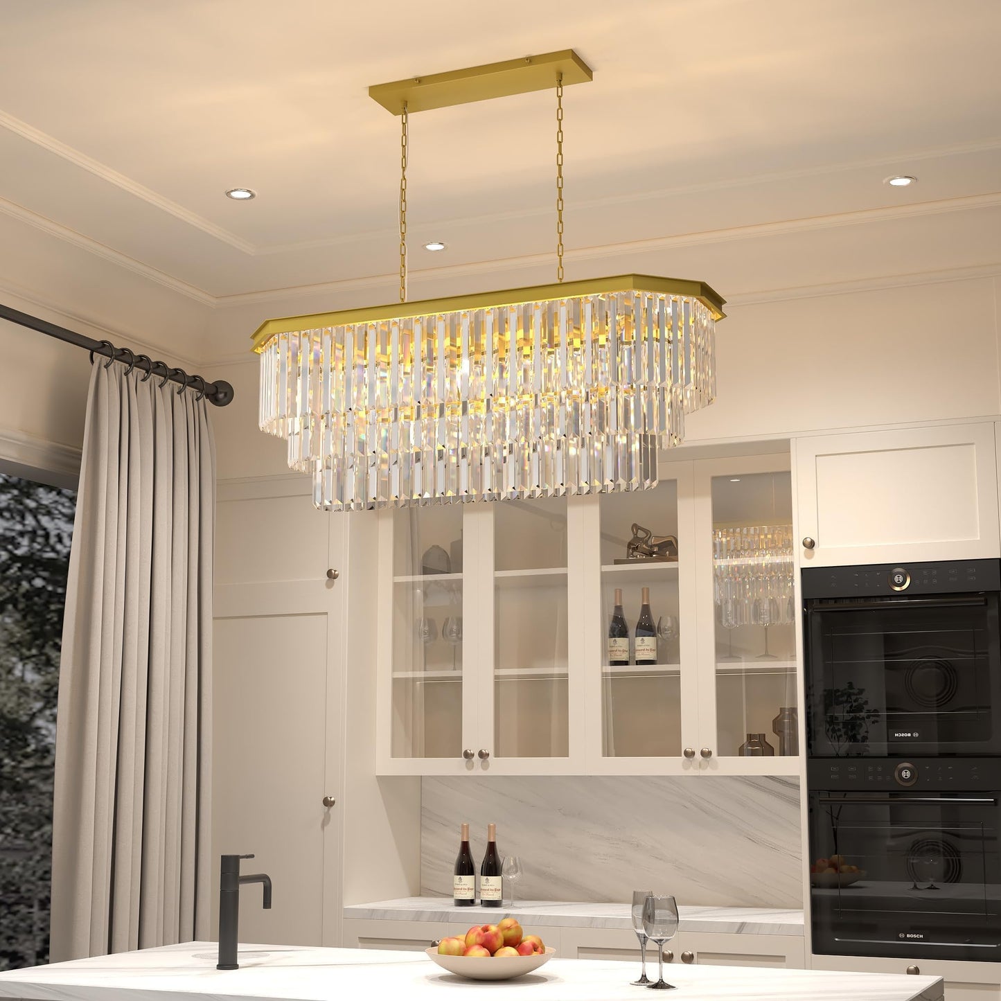 GMlixin Crystal Chandelier, 13-Light 3 Tiers Rectangle Contemporary Pendant, Adjustable Hanging Metal Ceiling Lighting Fixture, Modern Chandeliers for Bedroom,Hallway,Kitchen, L39-inch Gold