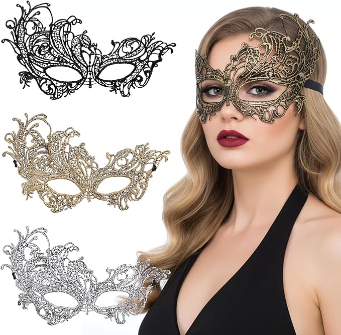 Gtziqa Lace Masquerade Mask, 3 PCS Mysterious Fun Lace Eye Mask Costume Adult Black Maskerade Masks for Women Men Couples ...