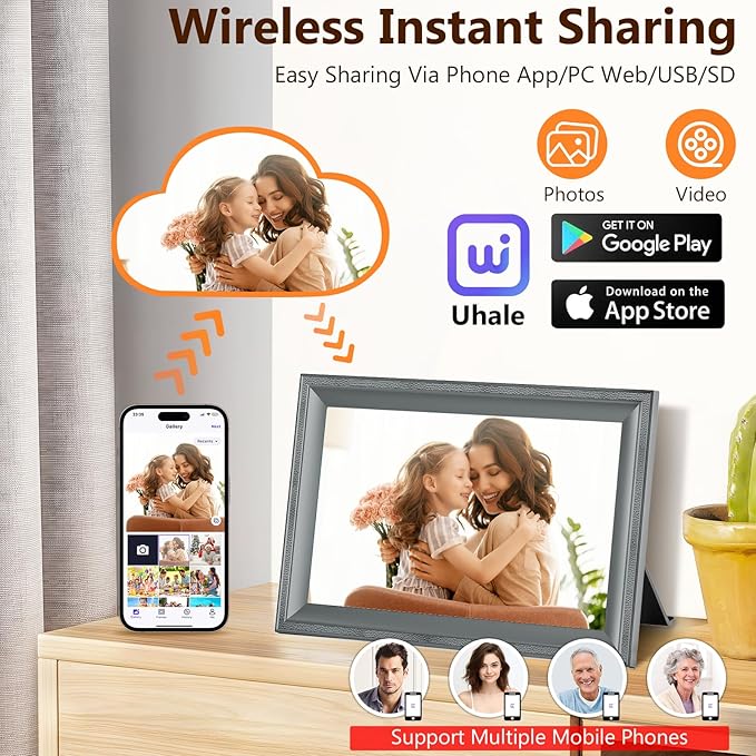 Digital Picture Frame WiFi Grey Send Photos from Phone16GB Storage Smooth System 10.1inch 1280x800 IPS Touch Screen Digital Photo Frame Auto-Rotate Wall Mountable