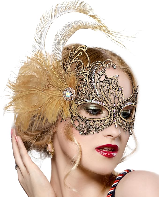 Zinniday Feather Masquerade Mask for Women - Halloween Lace Eyemask with Removable Peacock Feathers, Venetian Party Masks