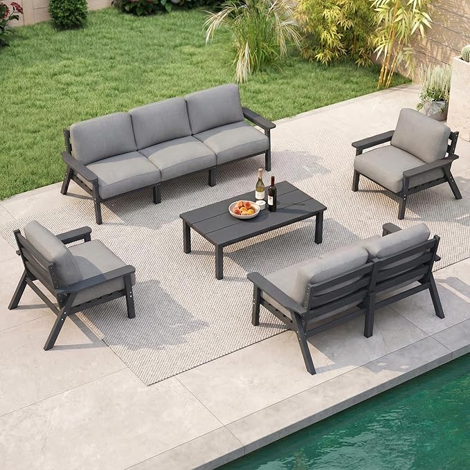 Patio Kingdom 7 Piece Patio Furniture Set, HDPE Outdoor Sectional with Gray Washable Thick Cushions, Coffee Table & Side Table, Patio Conversation Sets for Lawn, Garden, Porch, Balcony (Grey Frame)