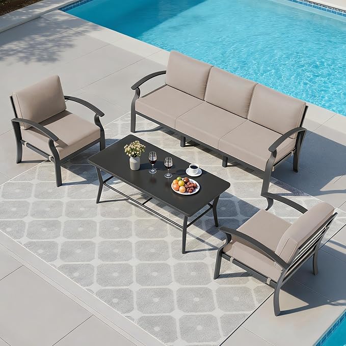 RTDTD Aluminum Outdoor Patio Furniture Set,5 Seats Patio Conversation Sets with Rectangular Coffee Table,Metal Patio Sectional Furniture Set with 5.1" Thickened Cushions,Sand