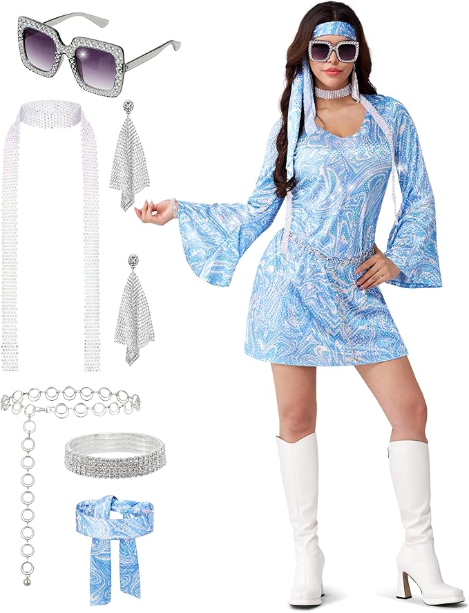 Spooktacular Creations 70s Disco Outfits for Women, Halloween Dress with 70s Accessories for Halloween Costumes Dance Party