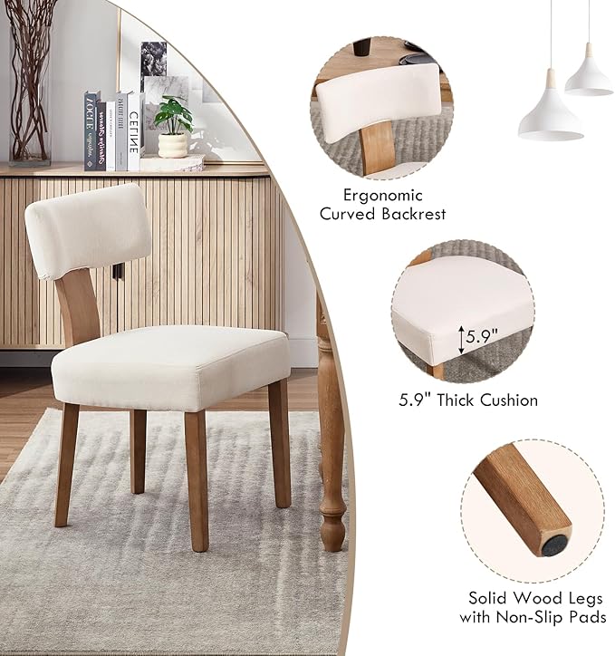 KHISCHMO Mid Century Modern Dining Chairs, Upholstered Linen Fabric Chairs with Curved Backrest and Wood Legs, Comfy Kitchen Vanity Chairs for Dining Room/Living Room/Kitchen, Set of 6 Beige