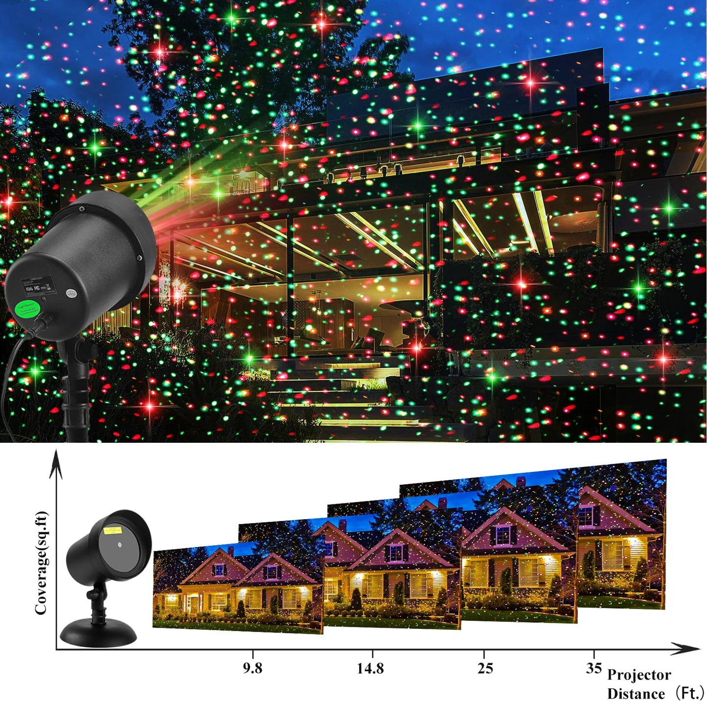Laser Projector Lights Outdoor for Christmas, Motion Laser Lights Projector, Red & Green Stars Starry Show Dynamic Patterns for Xmas Seasonal Decorative Lighting House Wall Tree Patio Front Yard Lawn