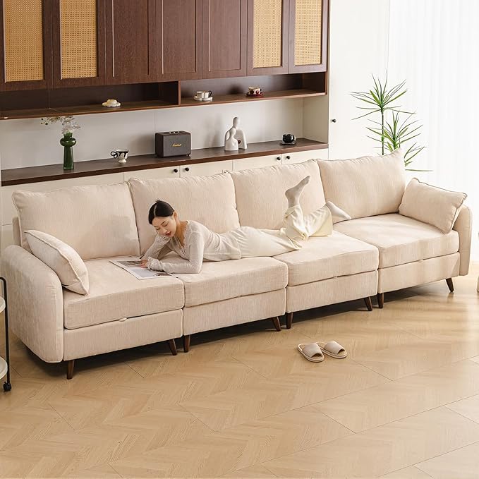 Rexulqo 135'' Modular Sectional Sofa with All Seats Storage,Oversized 4-Seater Comfy Cloud Couches with 7.8'' Thick Cushion,24.5'' Deep Seat,Big Couch for Living Room,Bedroom,Velet,Cream