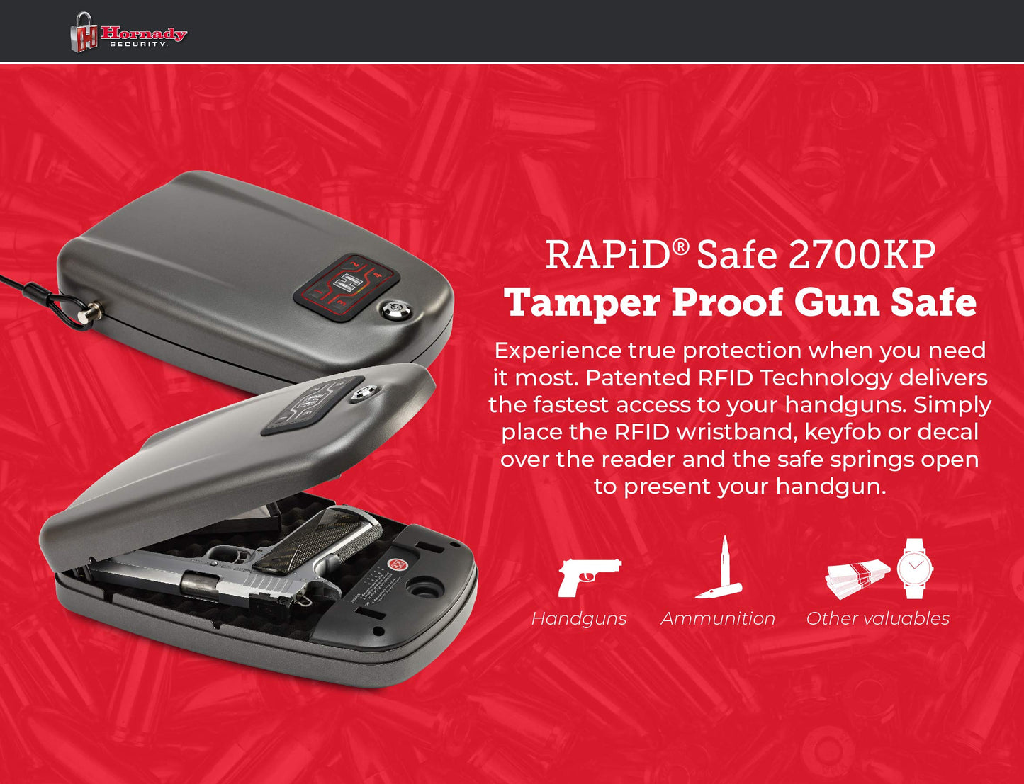 Hornady Rapid Safe 2700KP – Portable Gun Safe for Firearms – RFID Safe for Fast, Multiple Method Entry – Includes Rapid Safe, RFID Wristband, Key Fob, 2 Decals, 2 Barrel Keys and Security Cable