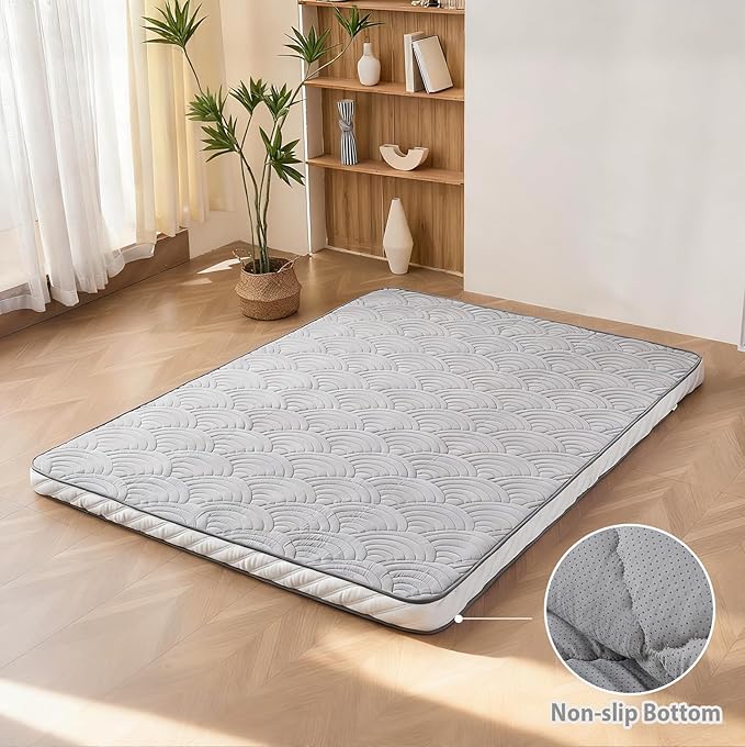 Zelladorra Japanese Floor Mattress, Quilted Futon Mattress with Anti-Slip Bottom, Foldable Floor Bed with Storage Bag and Straps, (Light Grey, Full)