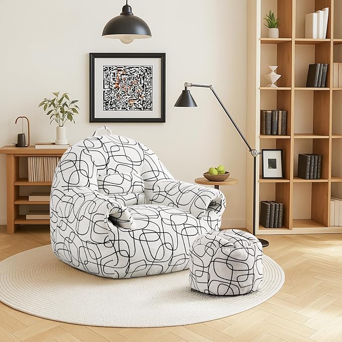 Peace nest Bean Bag Chair with Memory Foam Filled Ultra Soft Jacquard Pattern Cover for Adults Comfy Fur Bean Bag Chairs with Armrests Ottoman for Bedroom Living Room Office Dorm Reading Lines