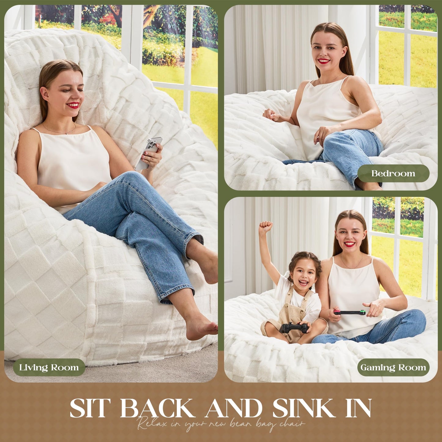 Hobestluk Bean Bag Chairs Beanbag Chair with Filler Adult Bean Bags with Fluffy Cover, Giant Bean Bag Chairs for Adults for Living Room, Bedroom (White, 5FT - 50” x 50” x 24”)