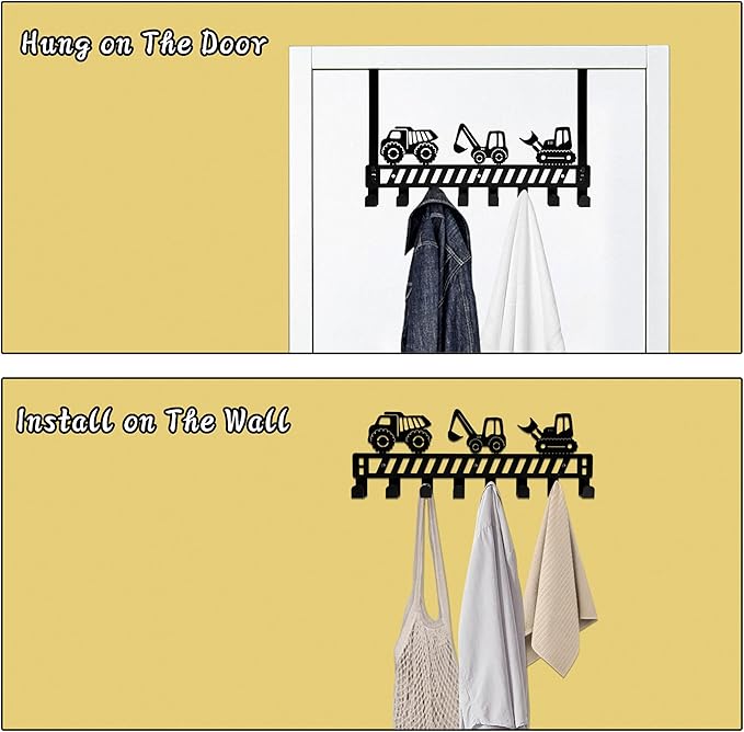 Construction Vehicle Over The Door Hooks - 8 Hook Organizer for Toddler Boys' Rooms, Bathroom & Nursery Decor, Toddler Bedroom & Nursery with Truck Design, Wall Mountable Heavy-Duty Metal Wall Hooks