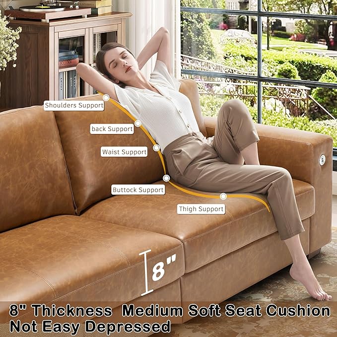 Hanherry Faux Leather 89" Sofa for Living Room, Modern Comfy Sofa with Medium Firm Seat Cushion, Removable Cover,Wide Armrest,USB/Type-C Port,Couches for Small Space,Apartment