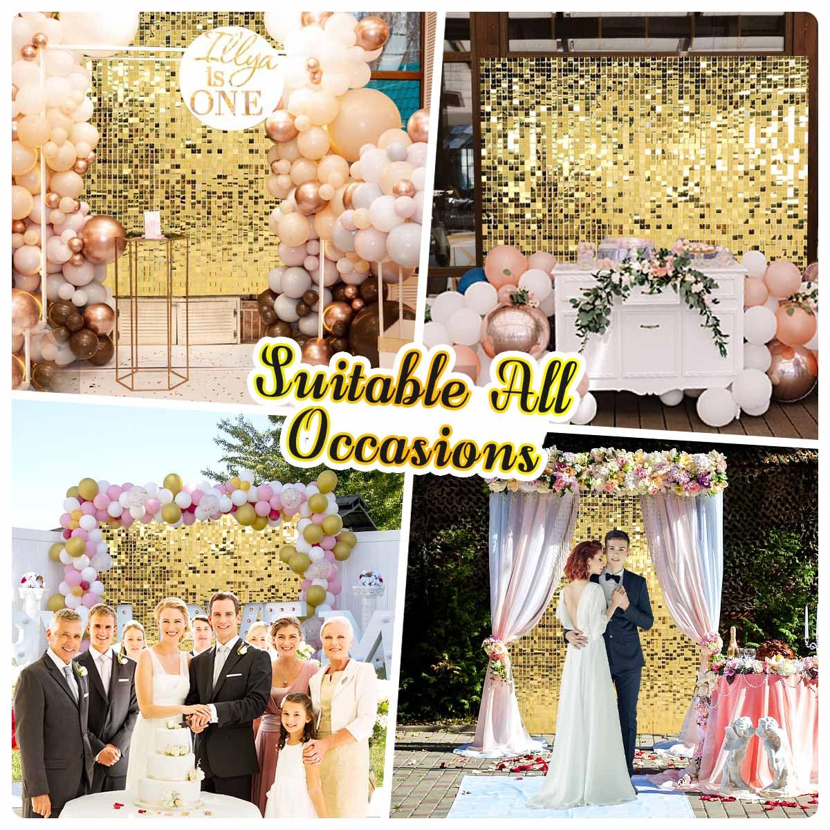 Kate Square Light Gold Sequin Wall Panels Shimmer Wall Birthday Party Backdrop Decorations (Pack of 12)