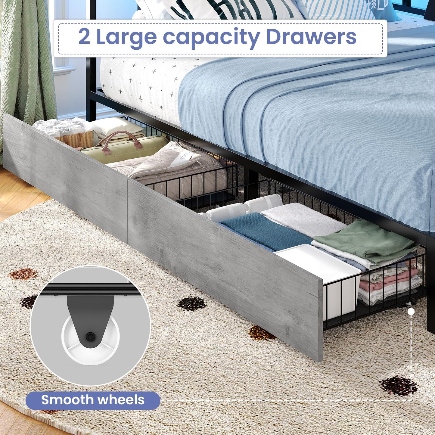 Hasuit Twin Corner Bed Frame with 2 Storage Drawers, Modern Twin Daybed with Charging Station and LED Lights for Kids Teenagers, Metal Platform Bed Frame for Bedroom, Living Room, Guest Room, Oak Gray