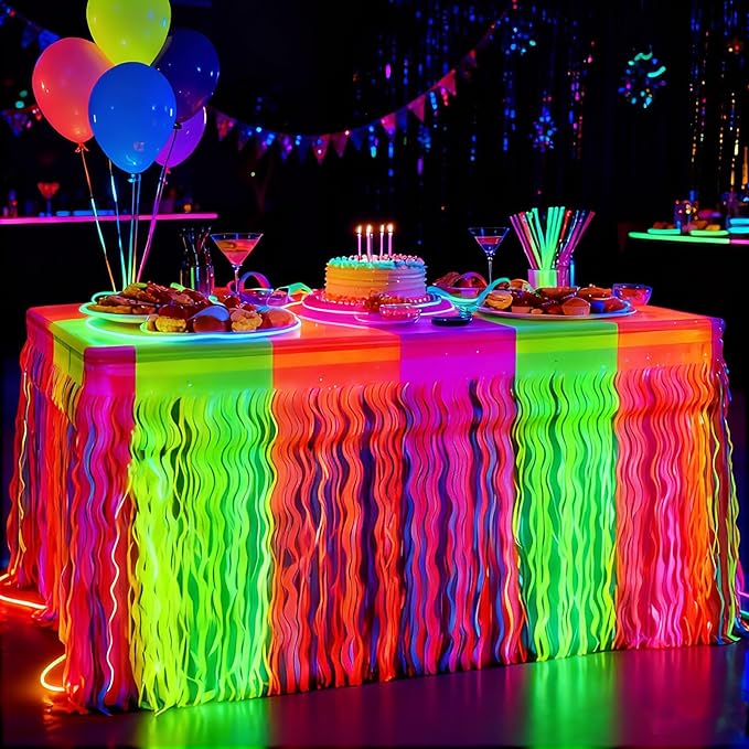 PIGETALE Glow in The Dark Party Supplies, 2 Pack Neon Fluorescent Wavy Metallic Tinsel Foil Fringe Table Skirts, 29.5x108 ...