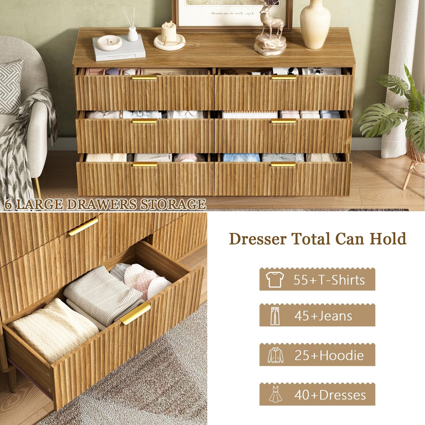 CARPETNAL Fluted 6 Double Drawers Dresser for Bedroom, 55”Wide Modern Chest of Drawers with Deep Drawers,Curved Profile Design, Wood Drawer Organizer for Bedroom Living Room, Hallway, Natural Oak