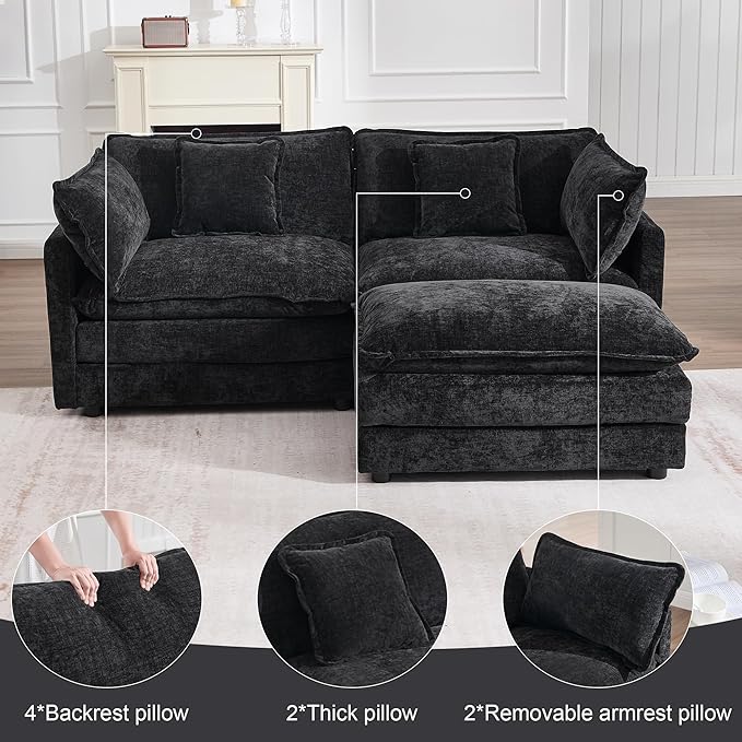 KIVENJAJA Chenille L-Shaped Modular Sectional Sofa, Modern Loveseat Comfy Deep Seat Cloud Couch with Ottoman/Chaise & 4 Pillows for Living Room Office Apartment, 76.7" W, Black