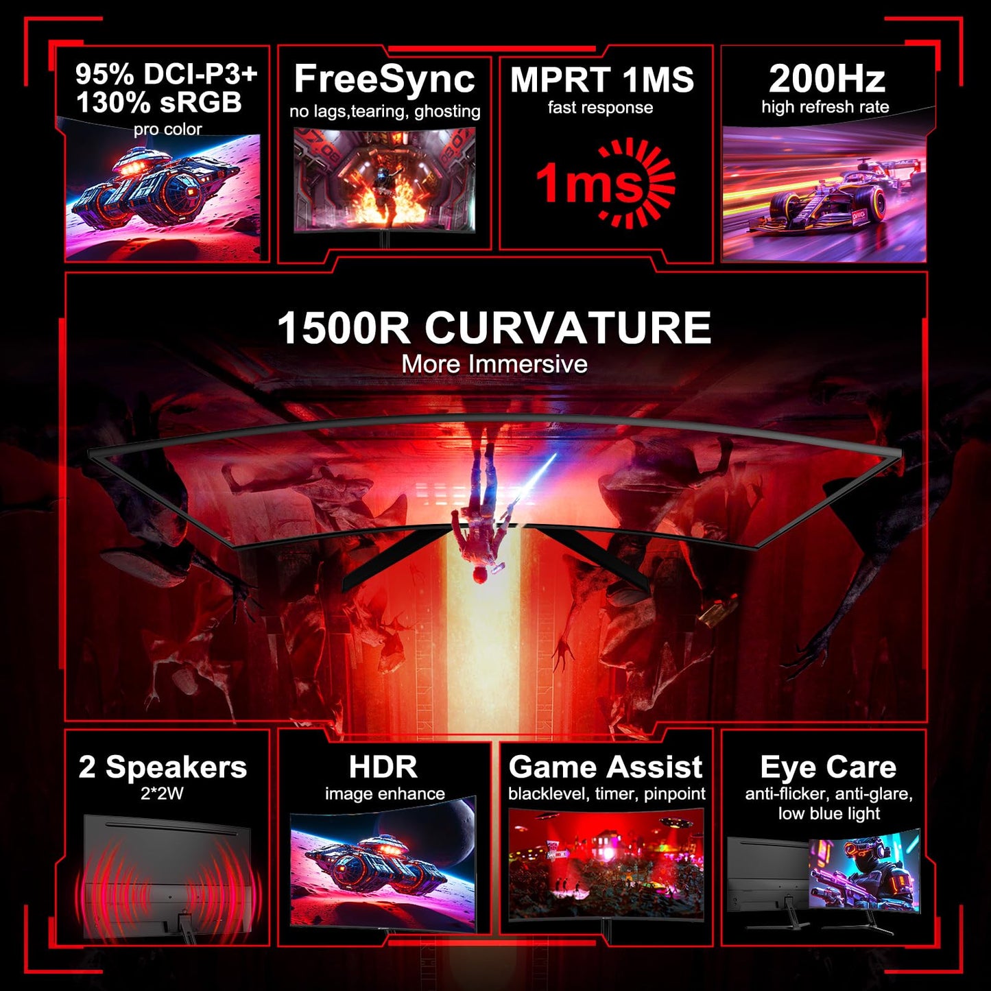 SANSUI 27 Inch Curved Gaming Monitor 200Hz 1ms with Speakers FHD 1080P Computer Monitor FreeSync|1500R|130% sRGB|HDR|Low Blue Light|HDMI DP Ports|VESA Mount|Metal Stand(HDMI Cable Incl.)