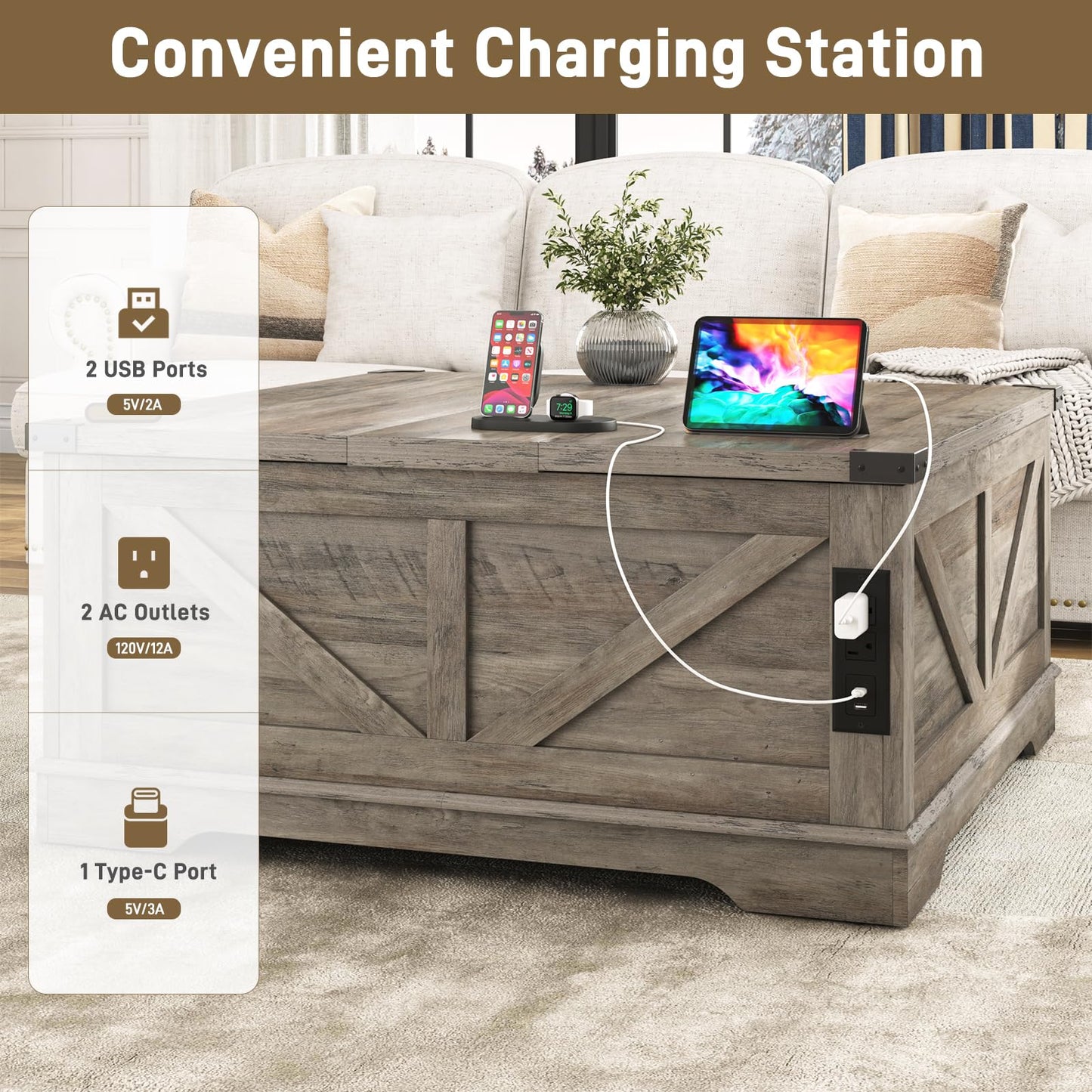 Hlivelood 40” Large Farmhouse Lift Top Coffee Table with Power Outlets and Large Hidden Storage, Square Wood Living Room Tables, Multi-Function Lift Wooden Barn Door Center Table, Grey