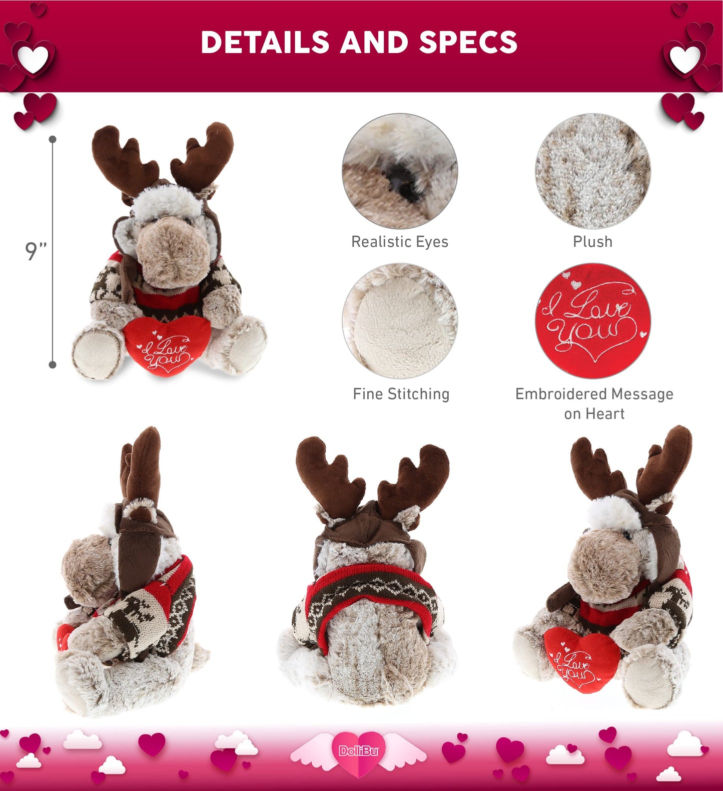 DolliBu I Love You Valentine Plush Moose with Clothes - Cute Stuffed Animal with Red Heart and Name Personalization Gift for Valentines Day, Birthday, Anniversary, Romantic Date - 9 Inches