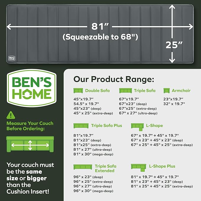 BEN'SHOME Heavy Duty Couch Cushion Support Board – Instantly Repair Sagging Deep Sofa Seat | 25" x 68"-81 | .5" Furniture Grade Wood Under Cushions Insert, Anti-Slip, Extend Sofas & Couches Life