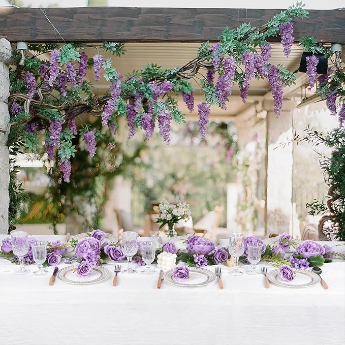 DearHouse Artificial Peony Flower Garland - 6ft/Strand Silk Peony Garland with Pink Flowers for Wedding Party Table Decoration,Deep Ruby (Wisteria)