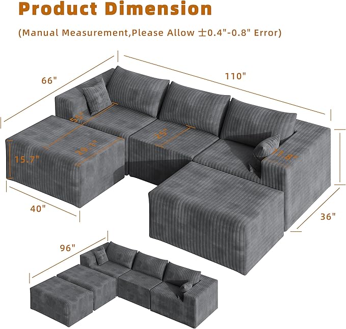 CABZOON 110" Cloud Couch Sectional for Living Room U-Shape Boneless Couches Modular Sectional Sofa with Deep Seat with Chaise,No Assembly Required, Carbon Gray(Plush Corduroy Fabric)