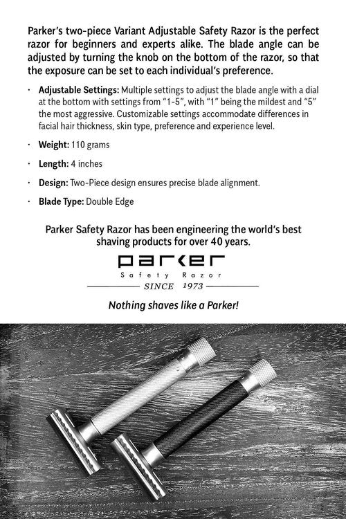 The Parker Variant ADJUSTABLE Double Edge Safety Razor and 105 Blades Included (SATIN CHROME)