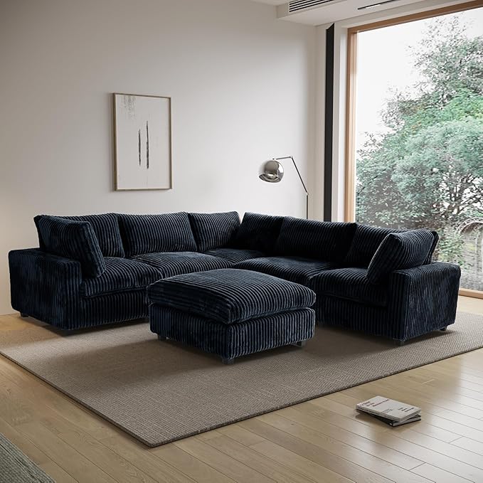 WJShome Cloud Couch Modular Sectional Sofa,118" Oversized V Shaped Sofa with Storage Ottoman for Living Room,Plush 6 Seater Convertible Sectional Couch,Covers Washable&Replaceable,Black