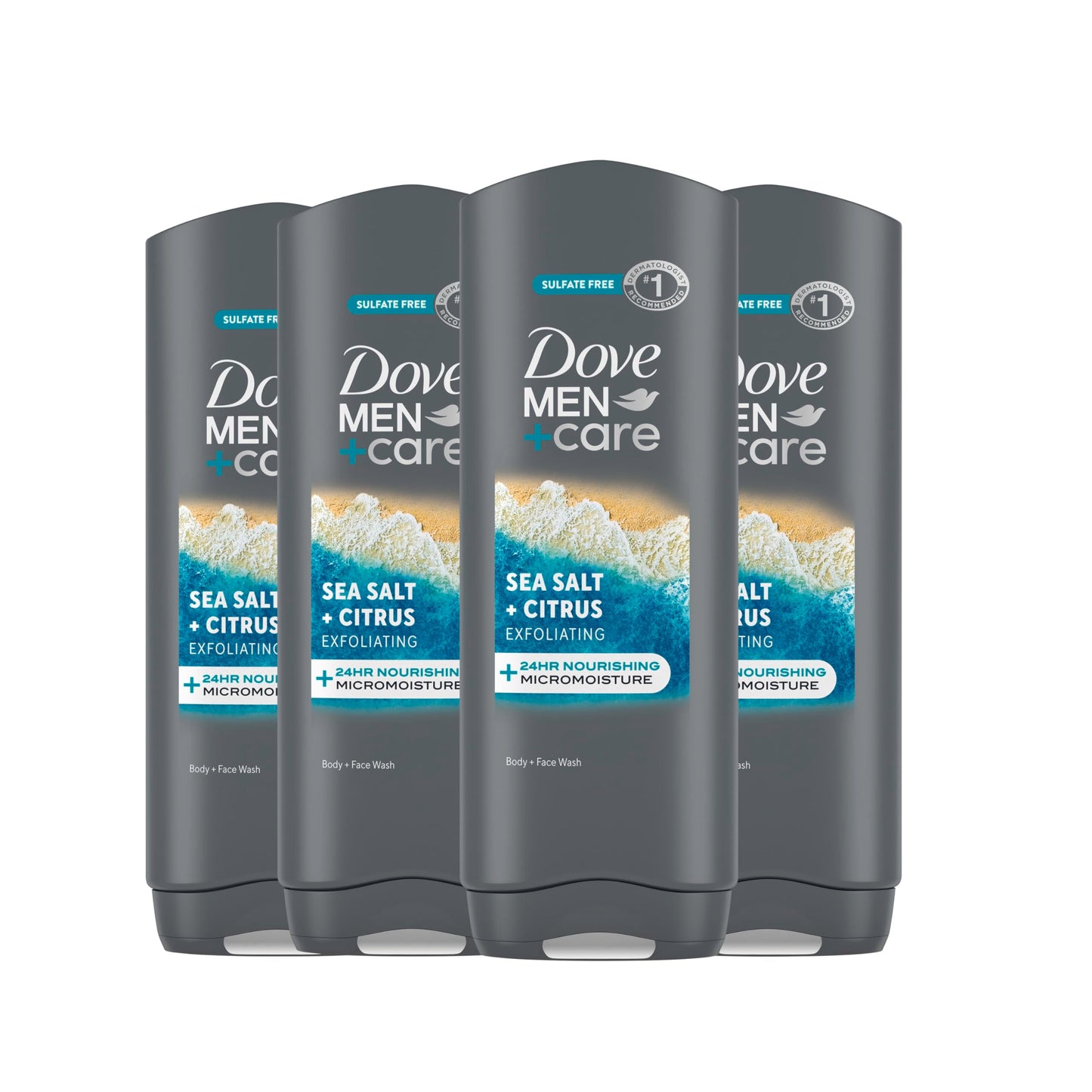 DOVE MEN + CARE Body and Face Wash Exfoliating Sea Salt + Citrus 4 count for Men, with 24-Hour Nourishing Micromoisture Technolo