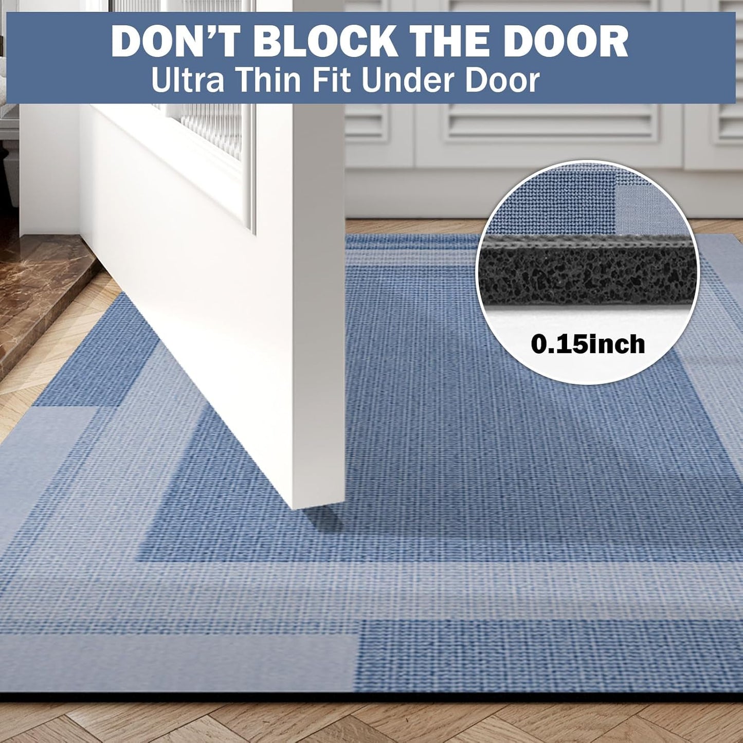 Non Slip Long Bathroom Runner Rug Bath Mat, Rubber Backing Ultra Thin Bathroom Rugs Fit Under Door Quick Dry Super Absorbent Washable Shower Mat for Bathtub Sink Floor, Blue 17"x59"