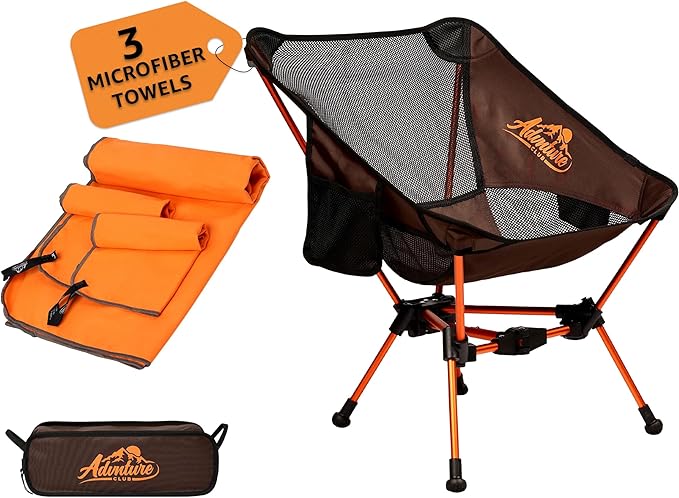 Advnture Club Portable Camping Chair with 3 Towels | Compact, Foldable & Sturdy - Lightweight Backpacking Chair for Campin...