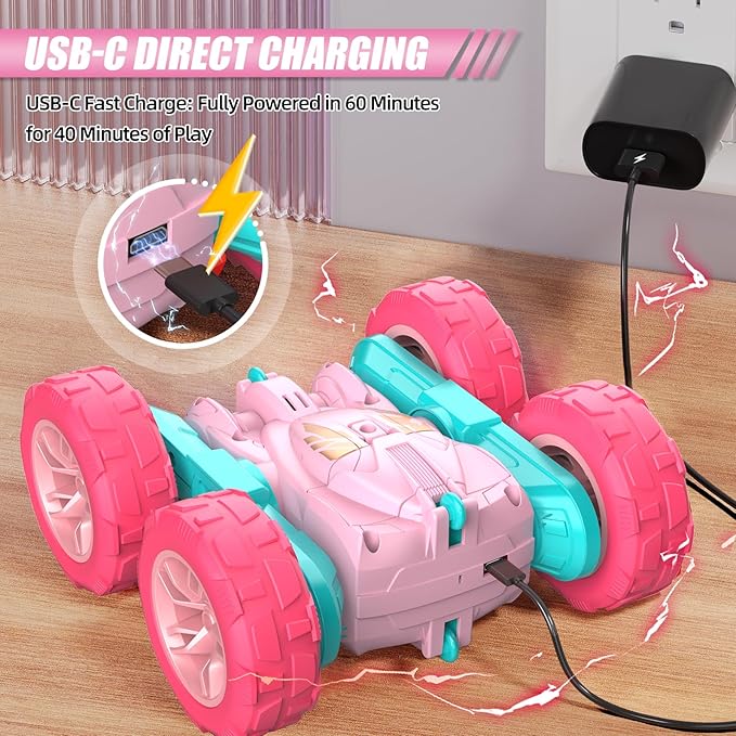 Pink Remote Control Car for Girls，2.4 Ghz Double Sided RC Cars 360° Rotating Remote Control Crawler with USB-C Easy Charging Car Toys for 4 5 6 7 8 9 10 Girls Birthday Gift Grandkids