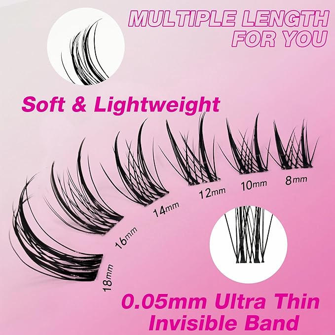 VEYESBEAUTY Lash Clusters Kit Eyelash Extensions Thin & Invisible Band DIY Individual False Eyelashes Newbie's Five-Second Series Lash Tray for Self-application, Sylph Lashes 8-18mm Mixed Length