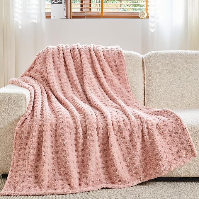 NEWCOSPLAY Super Soft Throw Blanket Pink Premium Silky Flannel Fleece 3D Waffle Checkered Lightweight Bed Blanket All Seas...