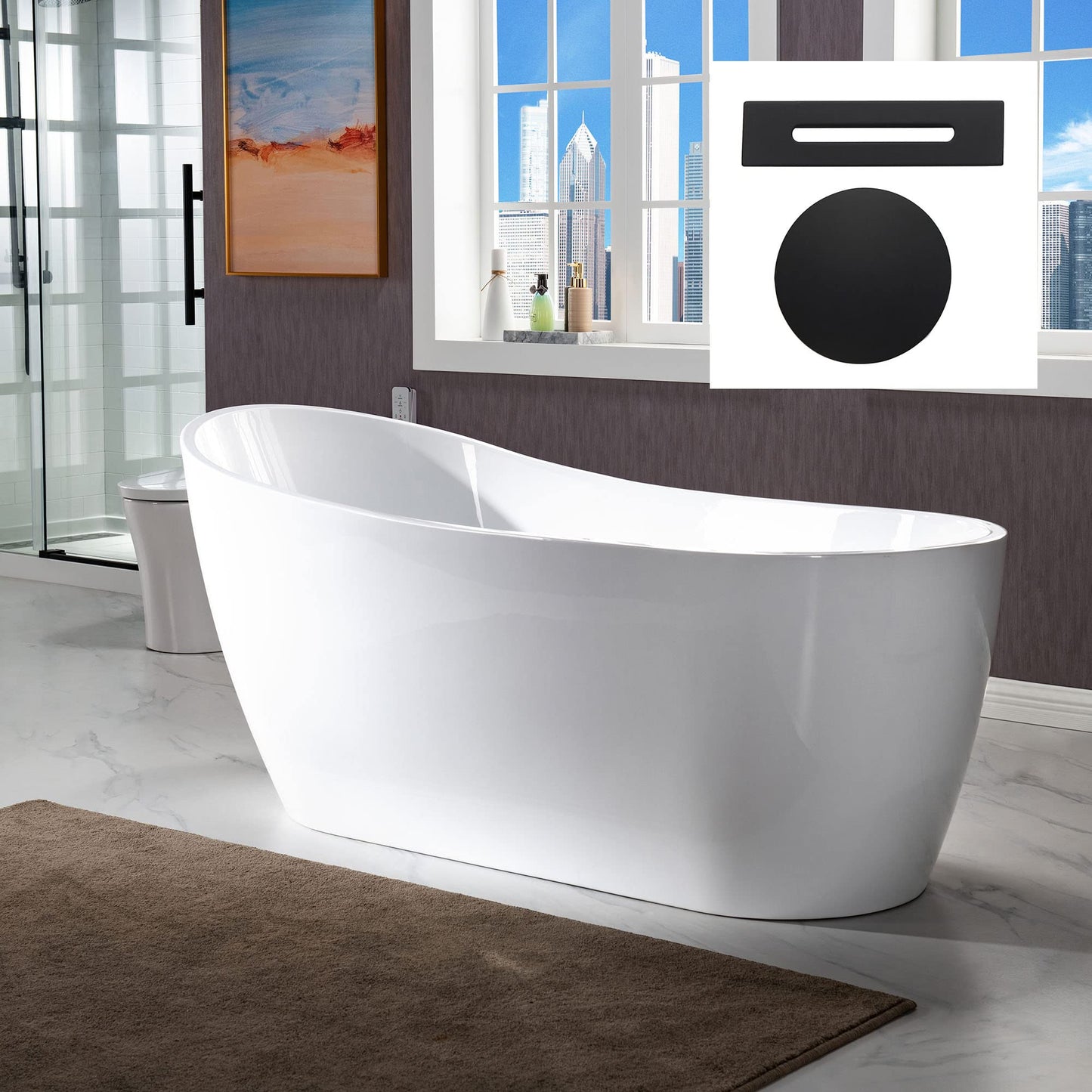 WOODBRIDGE 67"Freestanding White Acylic Soaking Bathtub with Matte Black Drain and Overflow,BTA1508 -MB-Drain &O