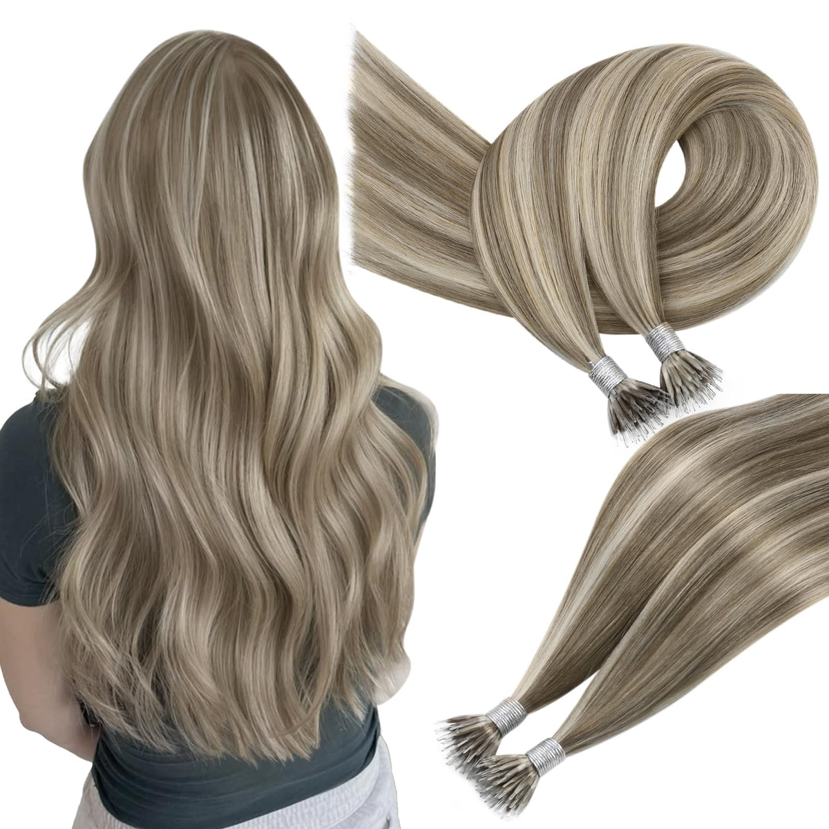 Easyouth Nano Ring Hair Extensions Highlight Nano Bead Hair Extensions Highlight Light Brown with Blonde Nano Hair Extension Nat