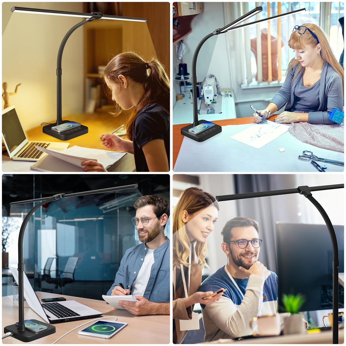 ShineTech LED Desk Lamp for Home Office, 24W Double Head Desk Light with Wireless Charging, USB Port, 25 Lighting Modes Adjustable Gooseneck Lamps