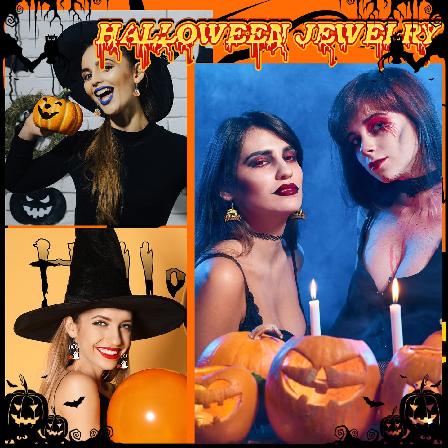 Nosiny 36 Pairs Halloween Earrings Lightweight Dangle Acrylic Earring Skeleton Ghost Pumpkin Boot Hat Earrings for Halloween Party Jewelry Gifts(Classic)