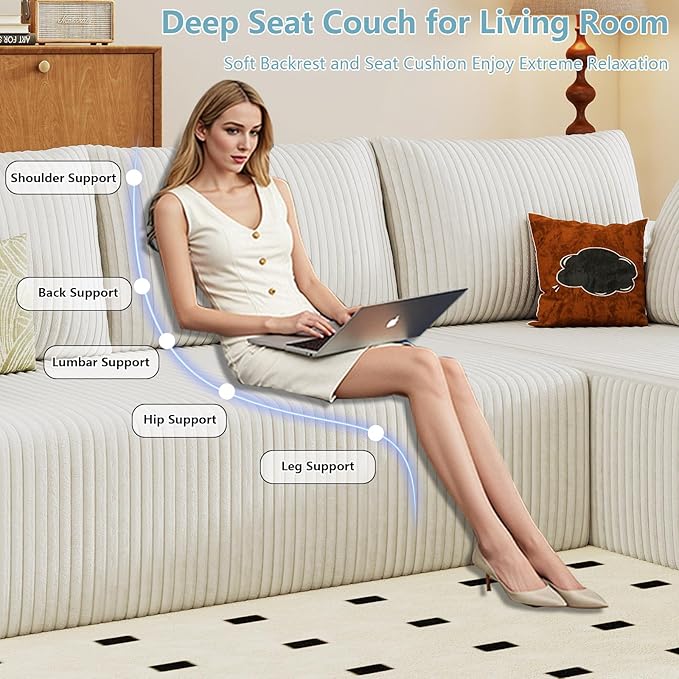 96" Cloud Sectional Couch with L-Shape Chaise, Modern Corduroy Boneless Couch for Living Room,Memory Foam Sofa with Deep Seat,No Assembly Required (White,Right-Facing Chaise)