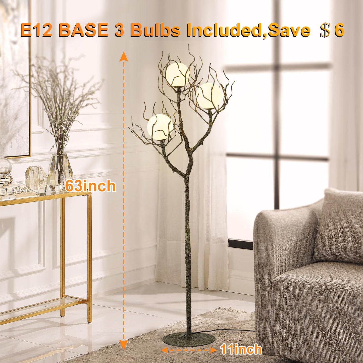 eccuslon Unique Floor Lamp for Living Room - Tree Trunk Design with 3 Moon Lights, Wood Grain Resin & Metal Base for Farmhouse, Bedroom and Office(63 Inch)