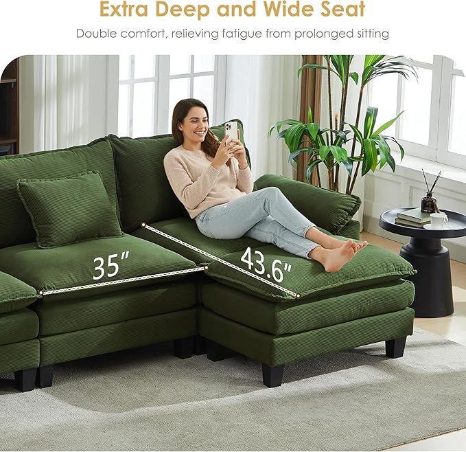 URRED Cloud Couch Modular Sectional Sofa, 87" Modern L Shaped Deep Seat Sofa with Ottoman & Pillows, Ultra Comfy Corduroy Couches for Living Room, Bedroom or Apartment, Green