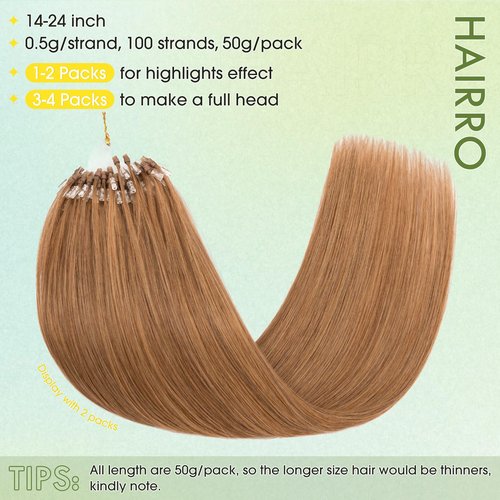 Hairro Microlink Human Hair Extensions For Women Micro Loop Micro Beads Real Hair Pre Bonded Cold Fusion Keratin Stick Micro Ring Hairpieces 20 inch 50g 100 Strands #06 Light Brown