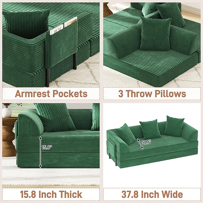 Folding Convertible Sofa Bed with 3 Pillows, 79 " Corduroy Boneless Couch with Armrest Pockets, Lounge Loveseat Sleeper with Pull Out Bed, Memory Foam Compressed Sofa for Living Room Bedroom, Green