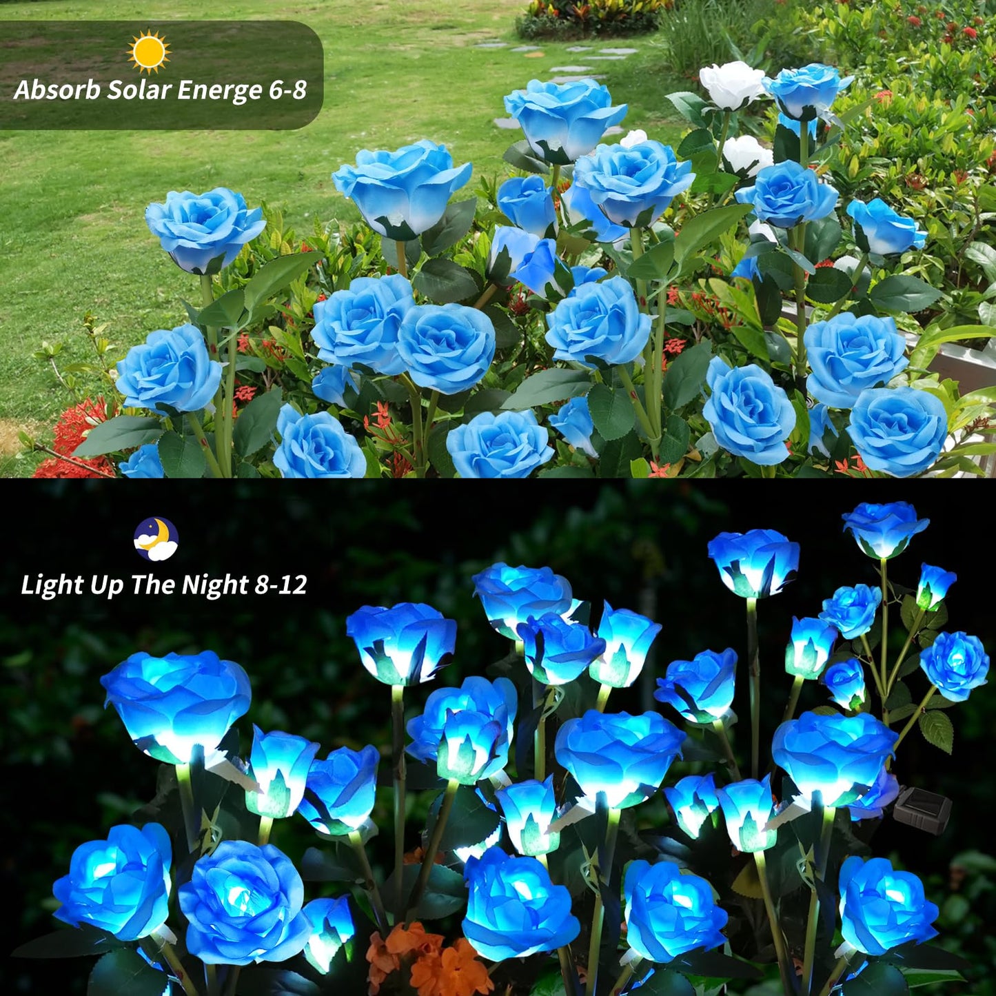 Etre Jeune Solar Garden Flower Lights Outdoor with More Realistic 10 Rose Waterproof for Outside Patio Yard Pathway Decorations, 2 Pack Blue
